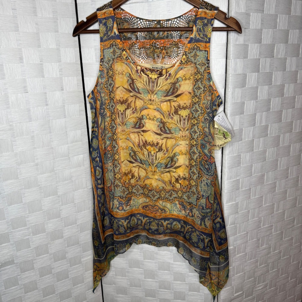 One World Royal Sun Boho WhimsyBoho Tunic Tank Top Crochet Back Small NEW